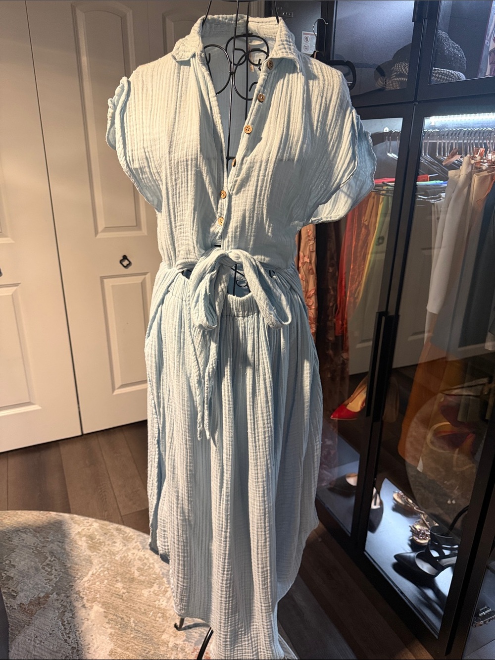 Free People Pale Blue Button-Front Tie-Waist Maxi Dress